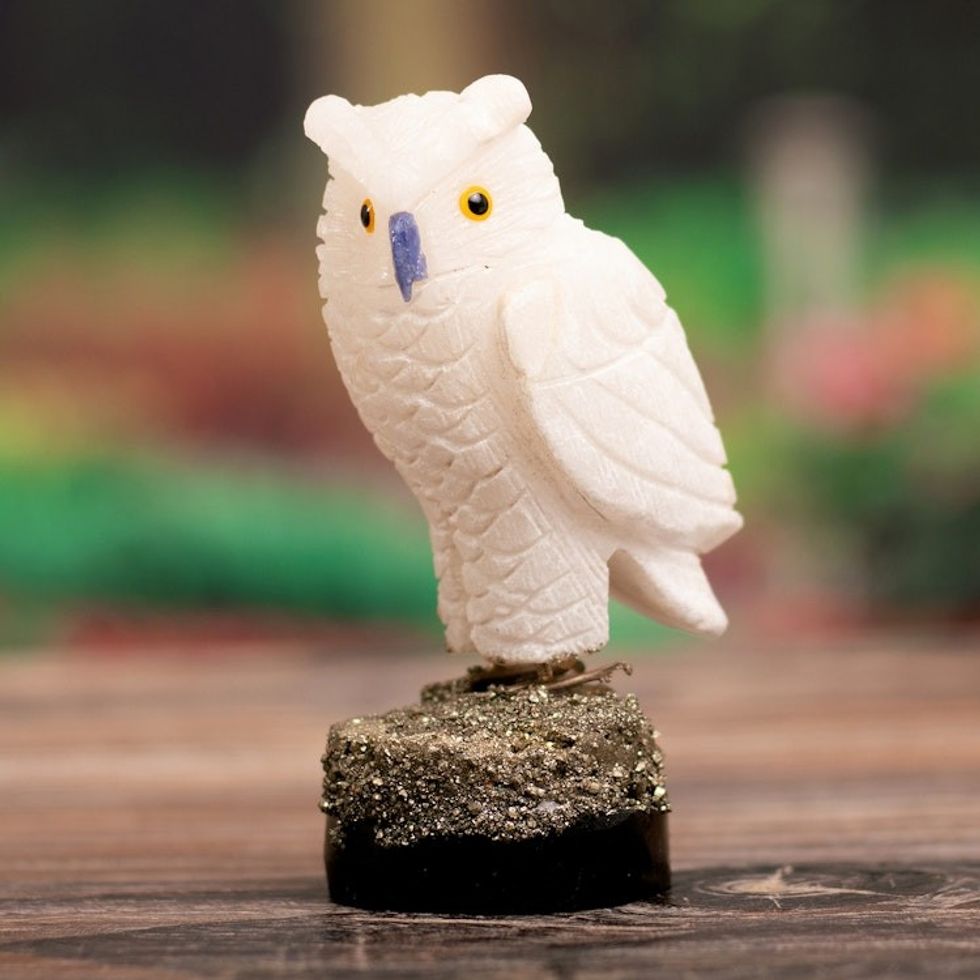 Artisan Crafted Onyx and Pyrite Owl Sculpture 'Vigilant Owl'