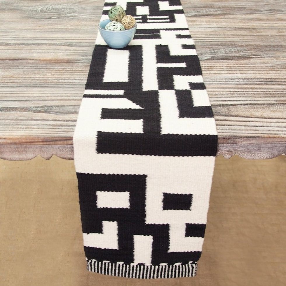 Abstract Black and Alabaster Wool Table Runner from Peru 'Abstract Forms'
