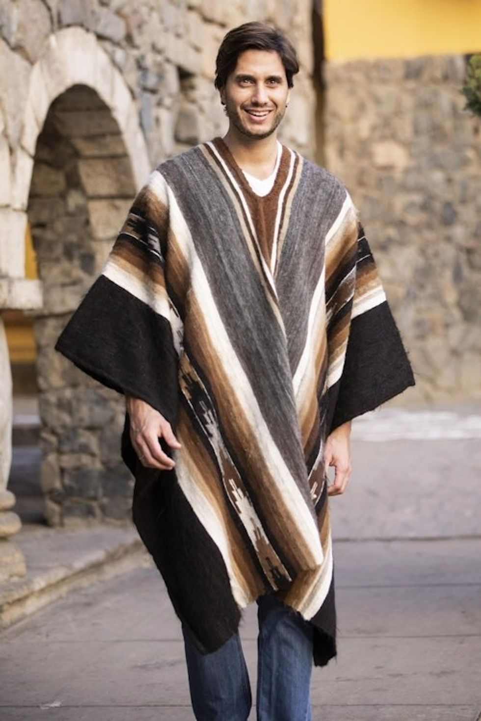 Men's Alpaca Wool Poncho 'Road to Huancayo'