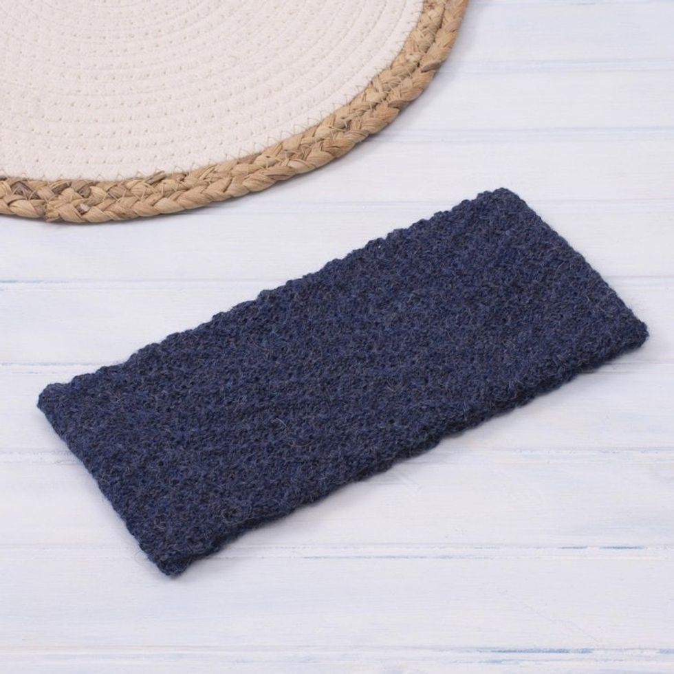 Wave Pattern 100 Baby Alpaca Headband in Blue from Peru 'Passionate Waves in Blue'