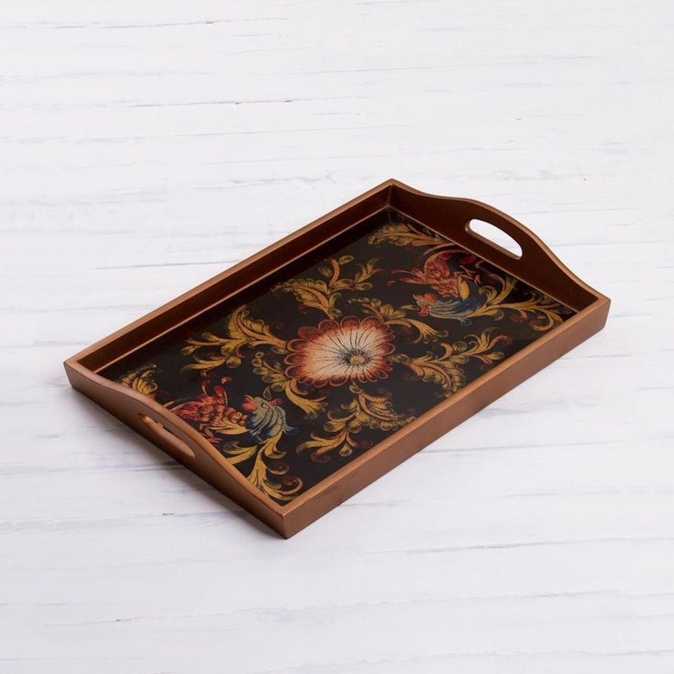 Floral Reverse Painted Glass Tray from Peru 'Nightfall Flowers'