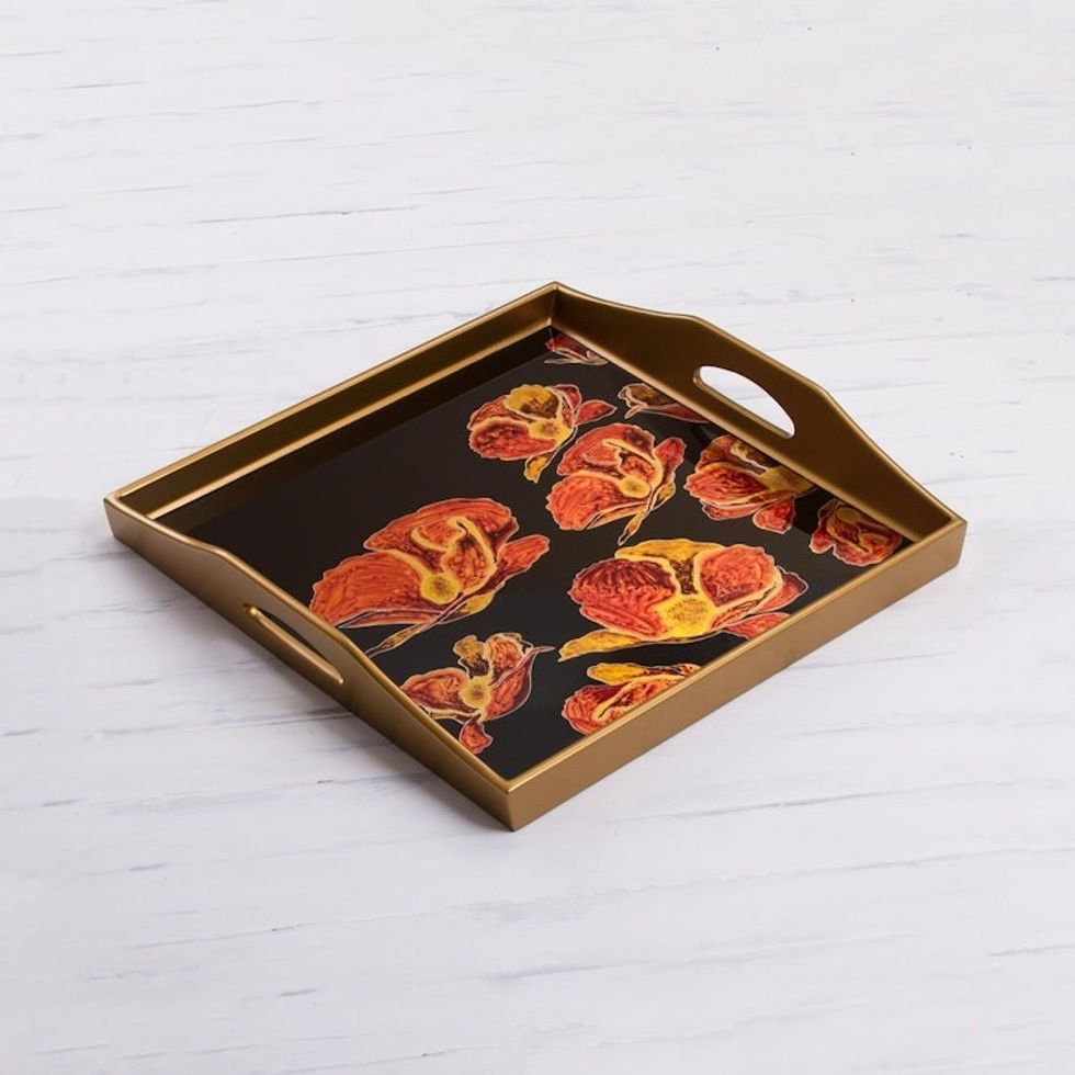 Reverse Painted Glass Tray With Poppy Motifs on Black 'Gleaming Poppies on Black'
