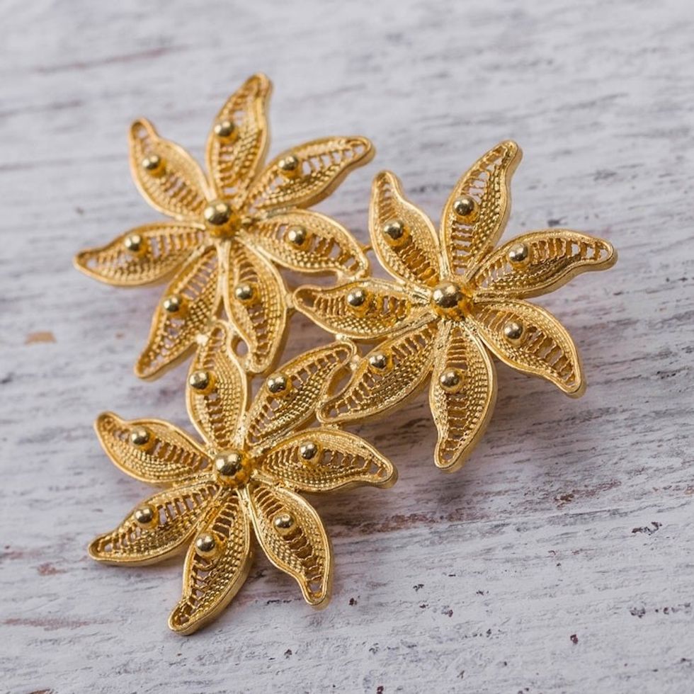 Floral Gold Plated Filigree Brooch Pin 'Amazon Bouquet'
