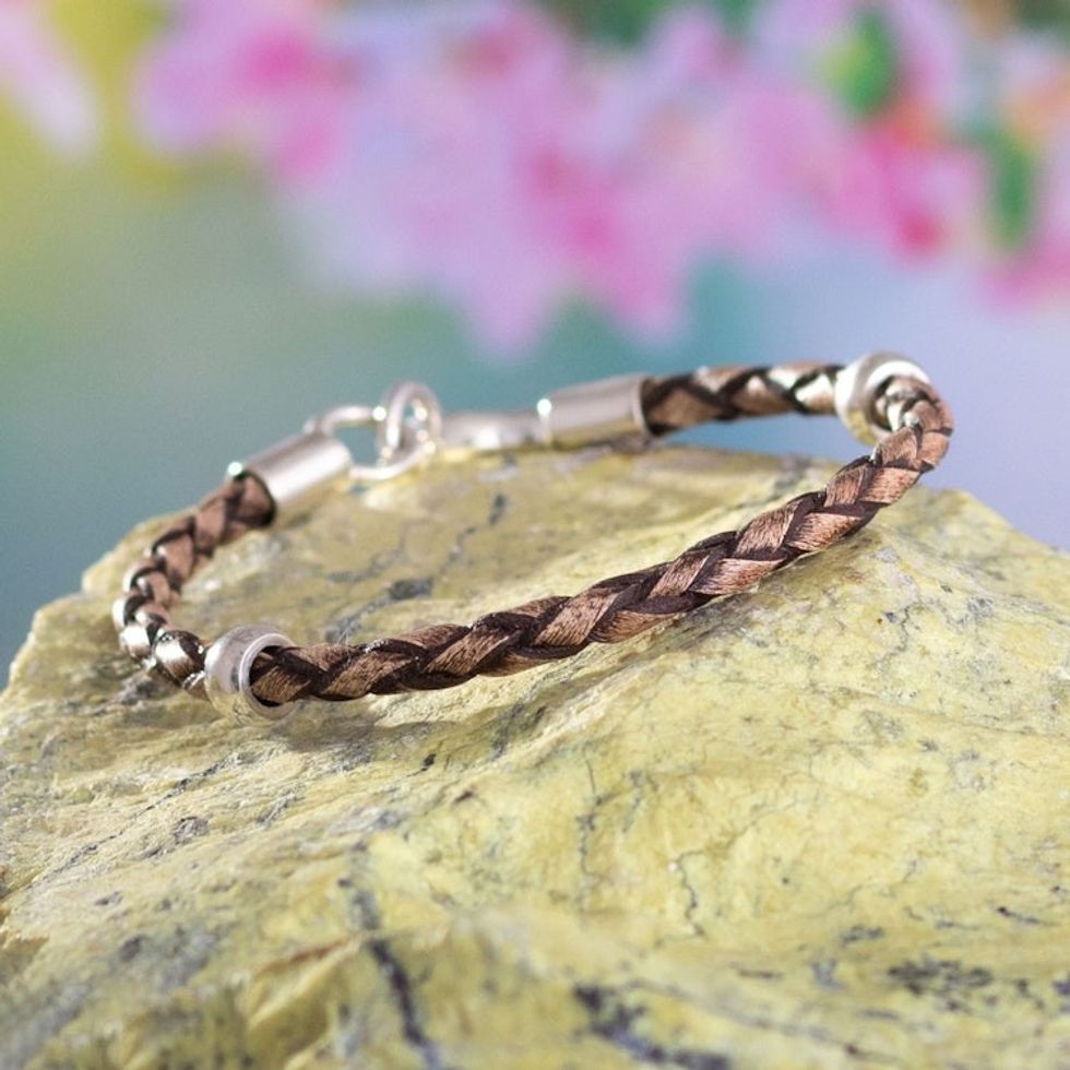 Braided Leather Bracelet with Sterling Silver 'Vintage Brown'