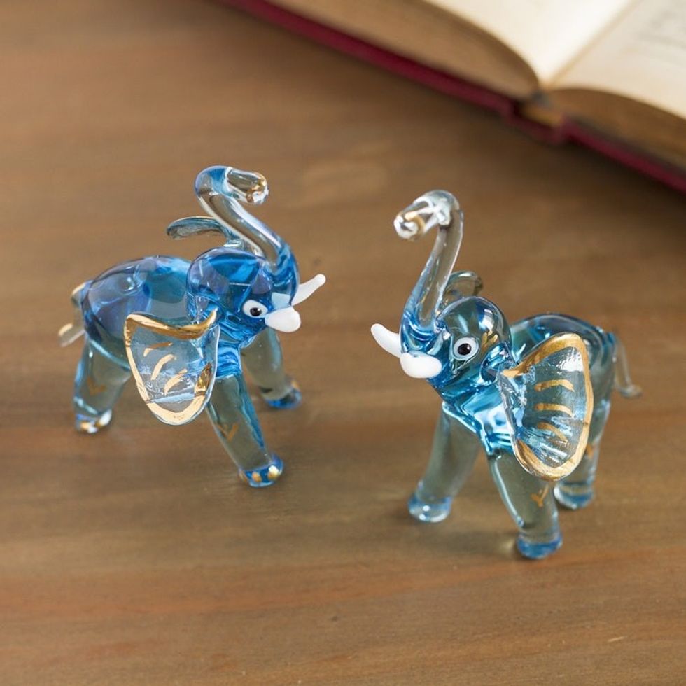 Gilded Blown Glass Elephant Figurines in Light Blue Pair 'Gilded Elephants in Light Blue'