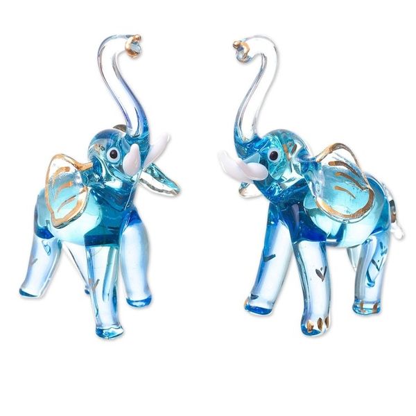 Alternate image for Gilded Blown Glass Elephant Figurines in Light Blue Pair Gilded Elephants in Light Blue