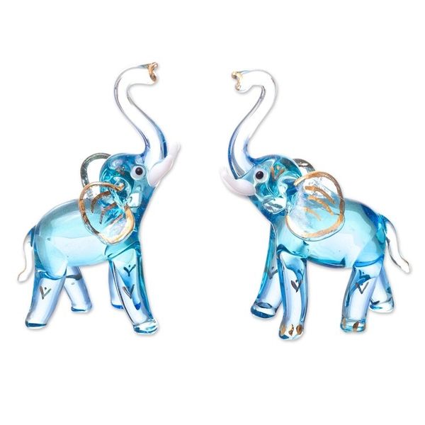 Alternate image for Gilded Blown Glass Elephant Figurines in Light Blue Pair Gilded Elephants in Light Blue