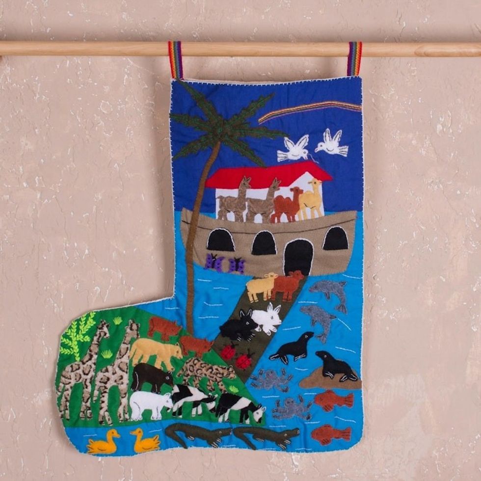 Noah's Ark Cotton Applique Christmas Stocking from Peru 'Noah's Ark'