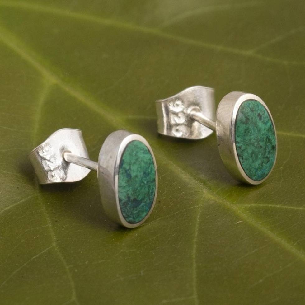 Artisan Crafted Oval Chrysocolla Earrings 'Long Run'