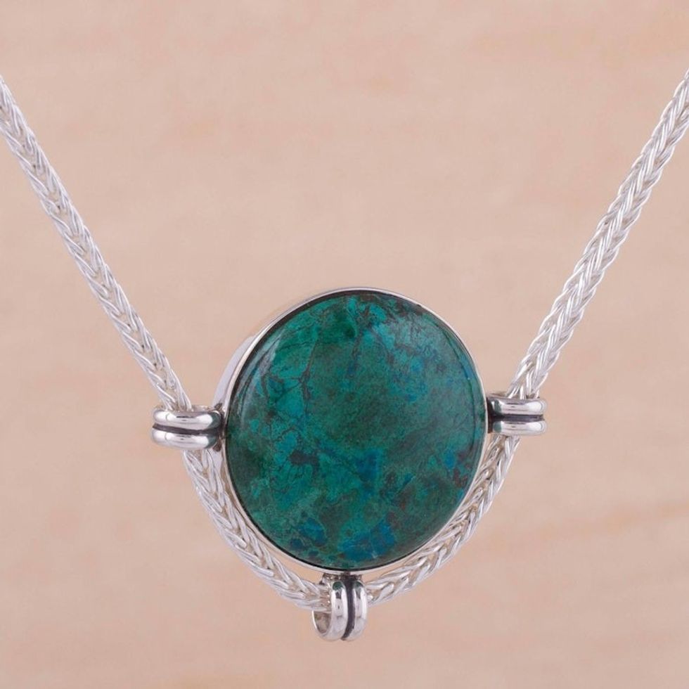 Andean Chrysocolla and Sterling Silver Pendant Necklace 'Essence of Time'