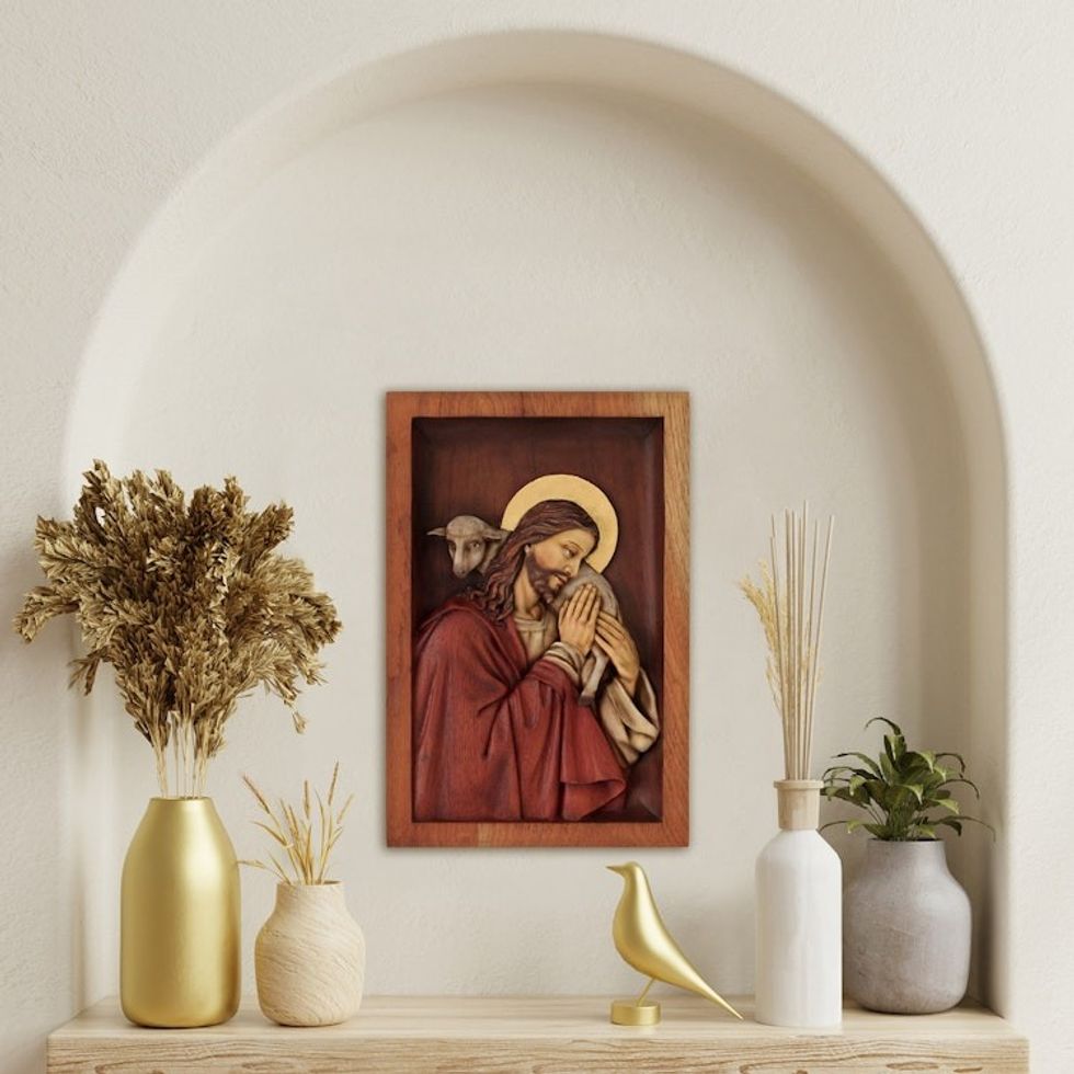 Hand Carved Wood Relief Wall Panel With Bronze Leaf 'Blessed Good Shepherd'