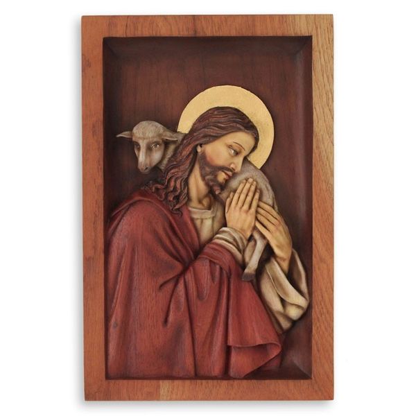 Alternate image for Hand Carved Wood Relief Wall Panel With Bronze Leaf Blessed Good Shepherd