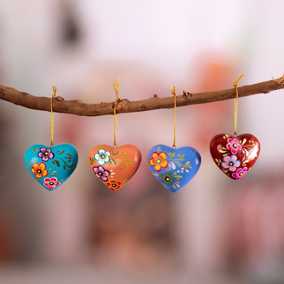 Hand Painted Ceramic Heart-Shaped Ornaments Set of 4 'Love Quartet'