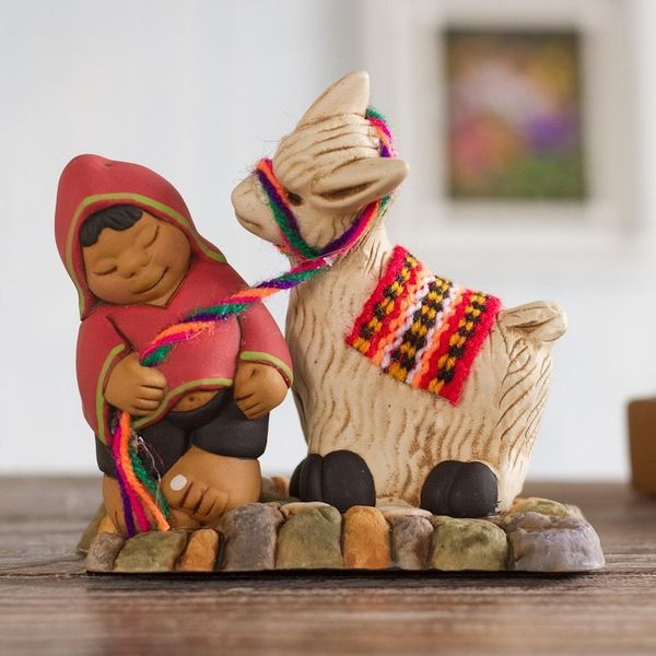 Alternate image for Ceramic Figurine of a Man with a Llama from Peru Happy Andean Man