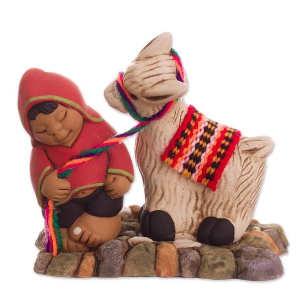 Alternate image for Ceramic Figurine of a Man with a Llama from Peru Happy Andean Man