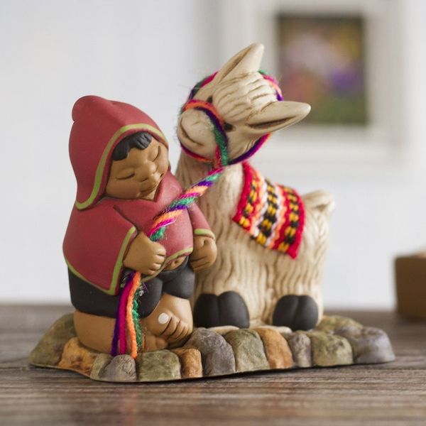 Alternate image for Ceramic Figurine of a Man with a Llama from Peru Happy Andean Man