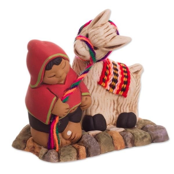 Alternate image for Ceramic Figurine of a Man with a Llama from Peru Happy Andean Man