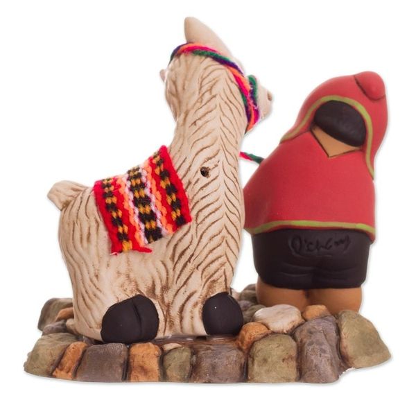 Alternate image for Ceramic Figurine of a Man with a Llama from Peru Happy Andean Man