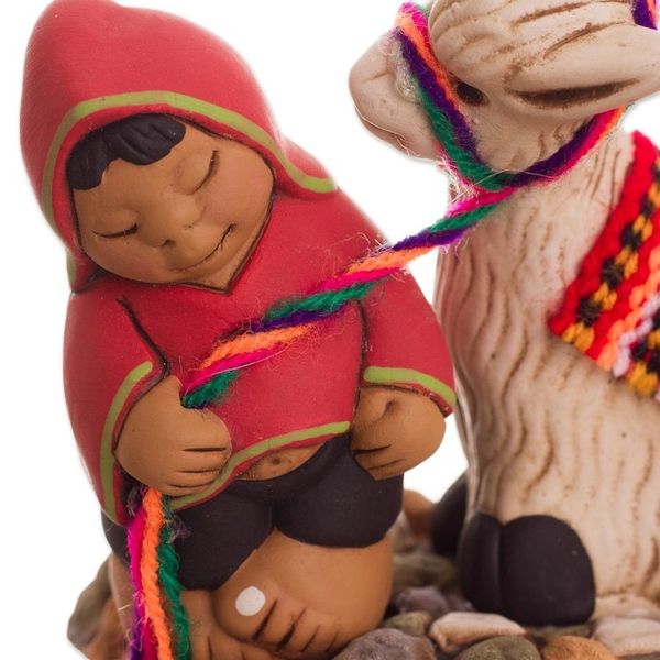 Alternate image for Ceramic Figurine of a Man with a Llama from Peru Happy Andean Man