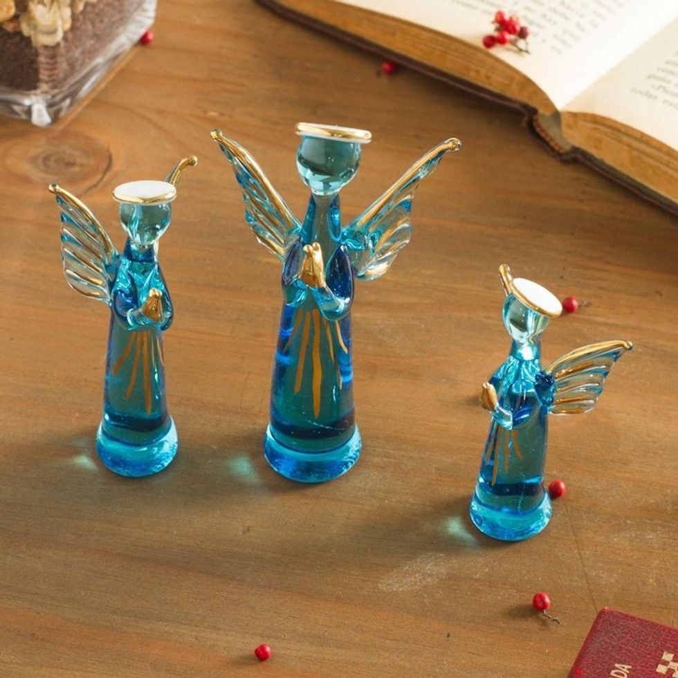Blue Glass Gilded Angel Figurines from Peru Set of 3 'Reverent Angels in Blue'