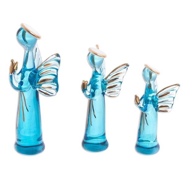 Alternate image for Blue Glass Gilded Angel Figurines from Peru Set of 3 Reverent Angels in Blue