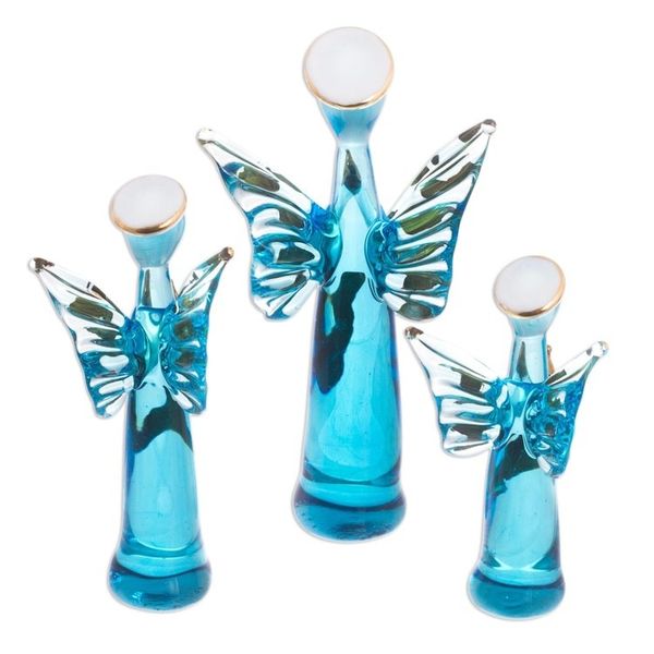 Alternate image for Blue Glass Gilded Angel Figurines from Peru Set of 3 Reverent Angels in Blue