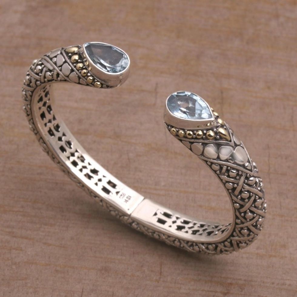 18k Gold Accent Blue Topaz Cuff Bracelet from Bali 'Altar Teardrops'