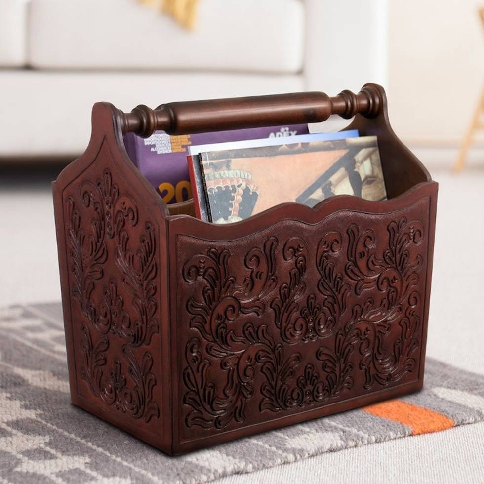 Wood And Leather Hand Tooled Magazine Rack 'Colonial Splendor'