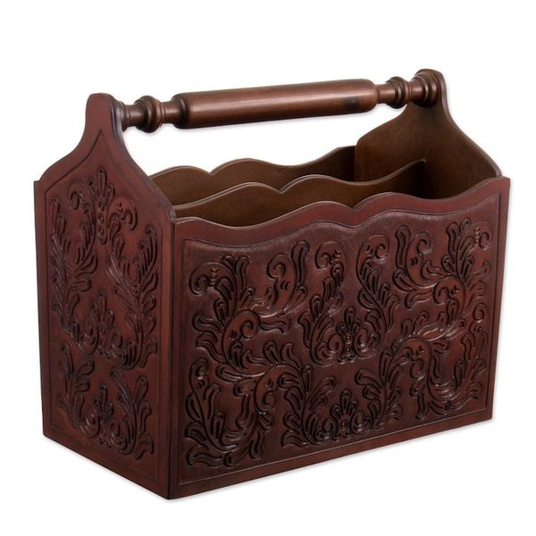 Alternate image for Wood And Leather Hand Tooled Magazine Rack Colonial Splendor