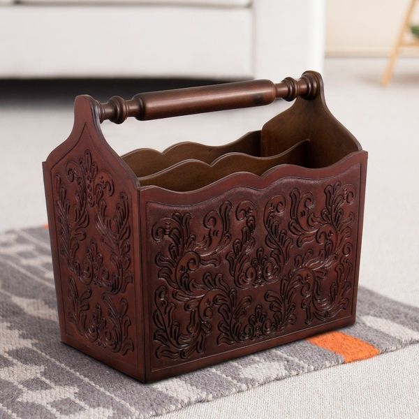 Alternate image for Wood And Leather Hand Tooled Magazine Rack Colonial Splendor