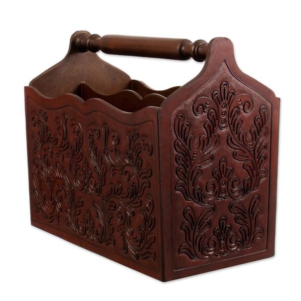 Alternate image for Wood And Leather Hand Tooled Magazine Rack Colonial Splendor