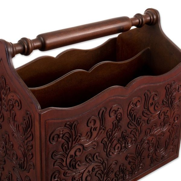 Alternate image for Wood And Leather Hand Tooled Magazine Rack Colonial Splendor