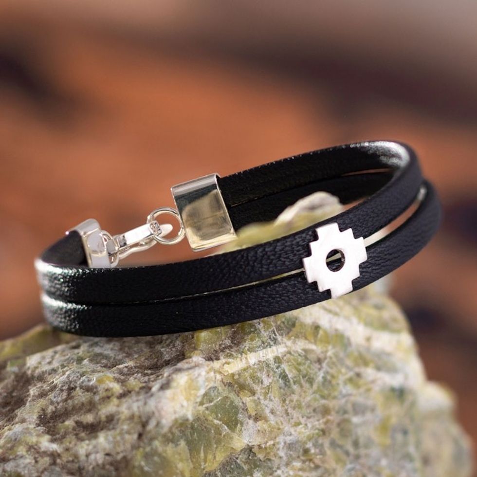 Black Faux Leather Chakana Bracelet with Sterling Silver 'Chakana Southern Cross'