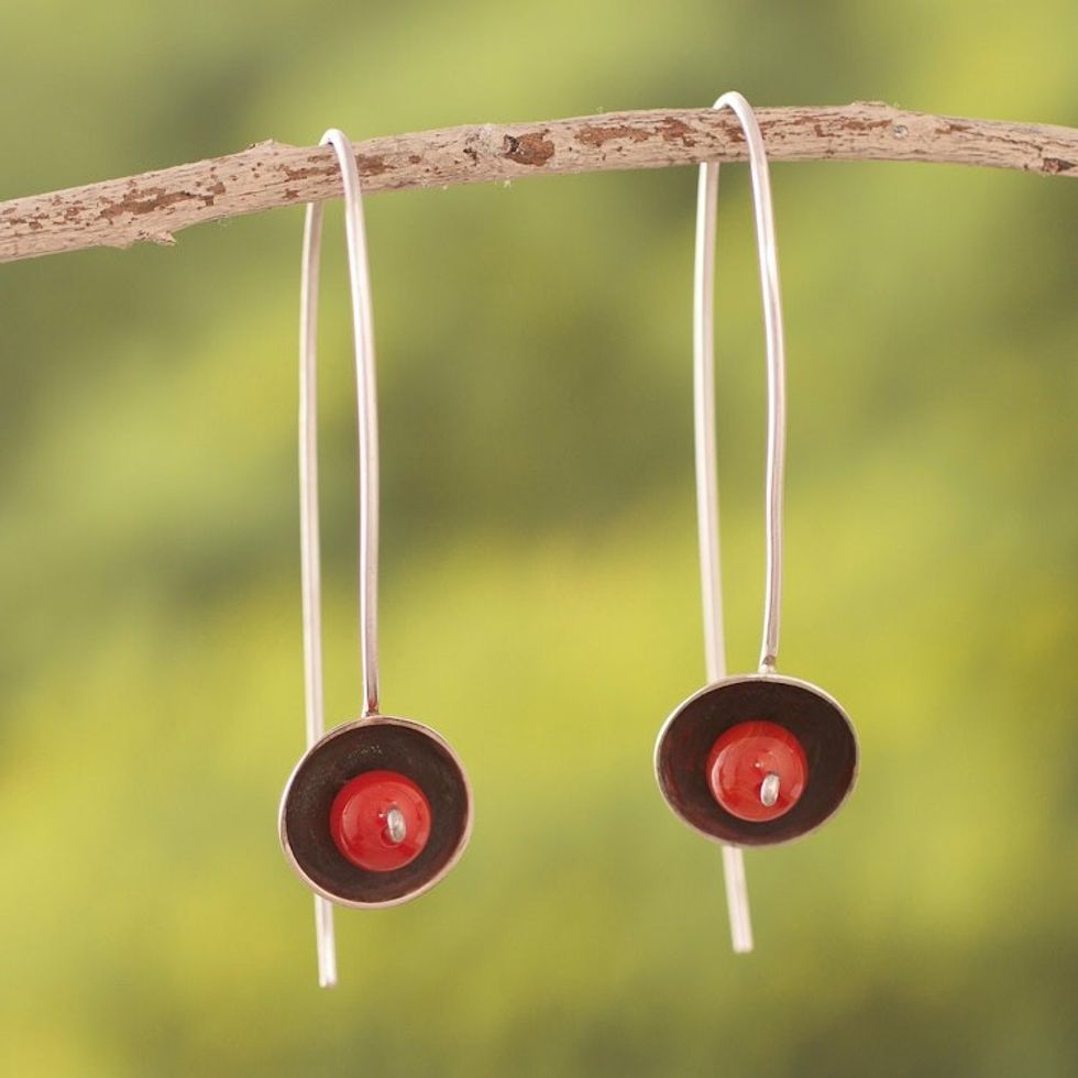 Red-Orange Agate and Sterling Silver Drop Earrings from Peru 'Wondrous Galaxy in Red-Orange'