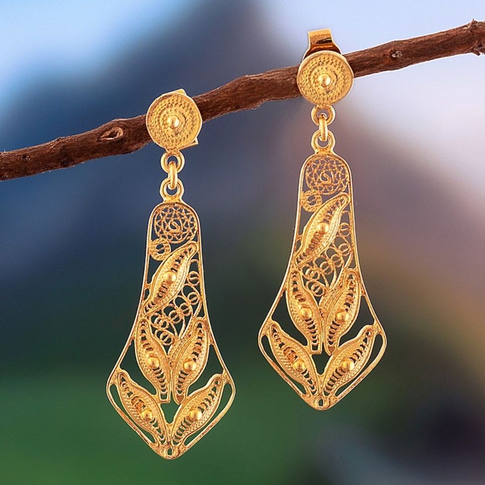 Handmade Gold Plated Filigree Earrings from Peru 'Bells'