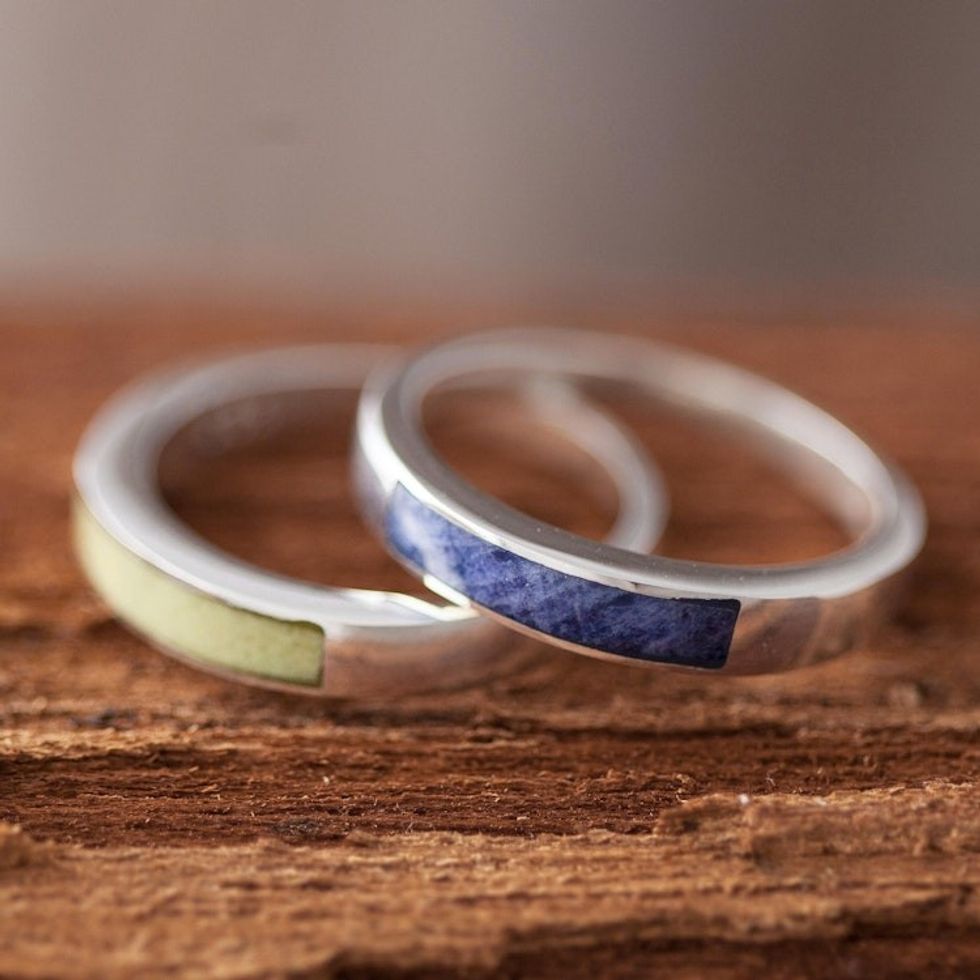 Sodalite and Serpentine Band Rings Pair 'Dual Enchantment'