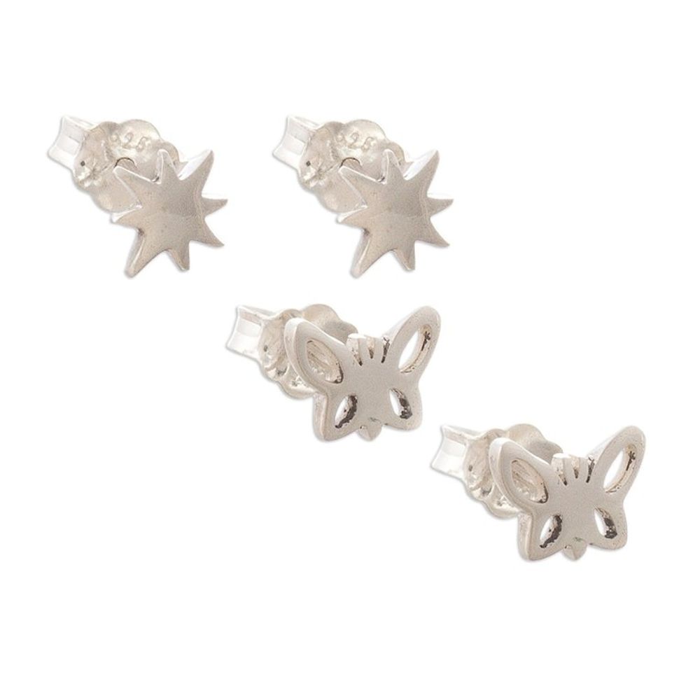 Hand Crafted Stud Earrings with Suns and Butterflies Pair 'Butterflies and Suns'