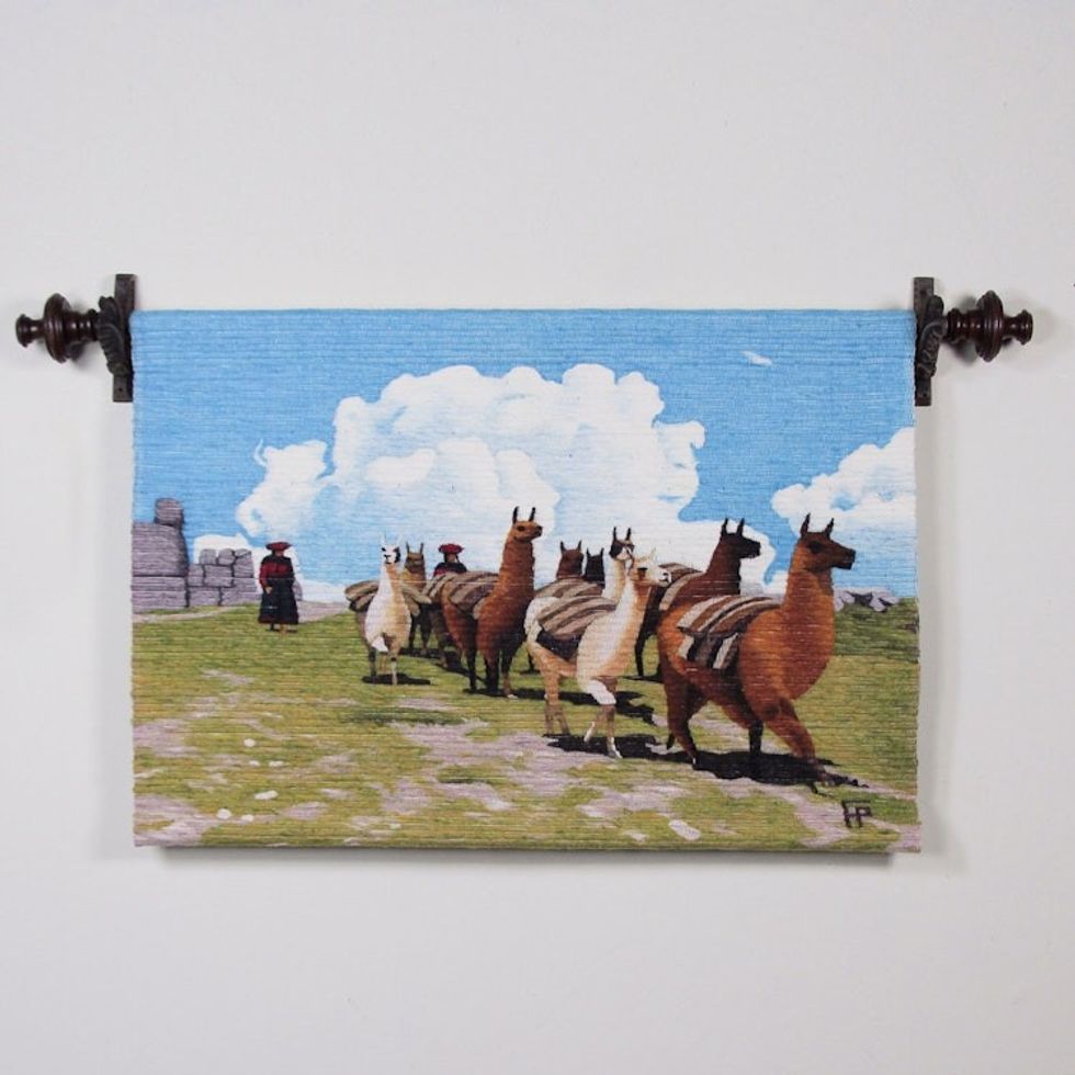 Hand Made Llama Themed Wool Tapestry from Peru 'Herd of Llamas'