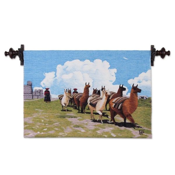 Alternate image for Hand Made Llama Themed Wool Tapestry from Peru Herd of Llamas