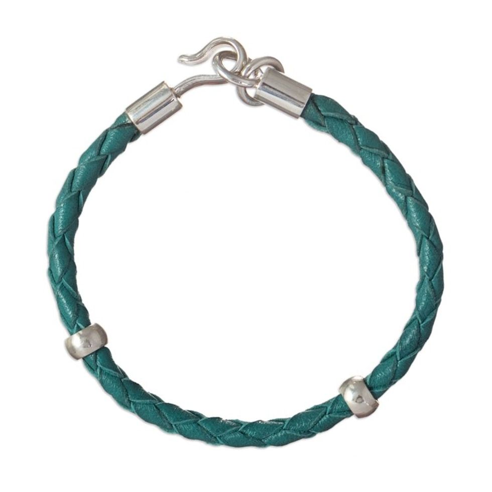 Handmade Turquoise Leather Braided Bracelet with Silver 925 'Bold Turquoise'