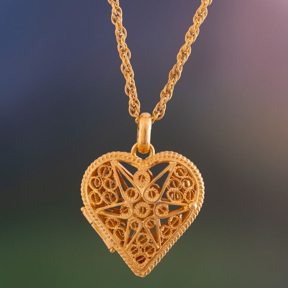 Heart Shaped Gold Plated Filigree Locket Necklace from Peru 'Splendid Fantasy'