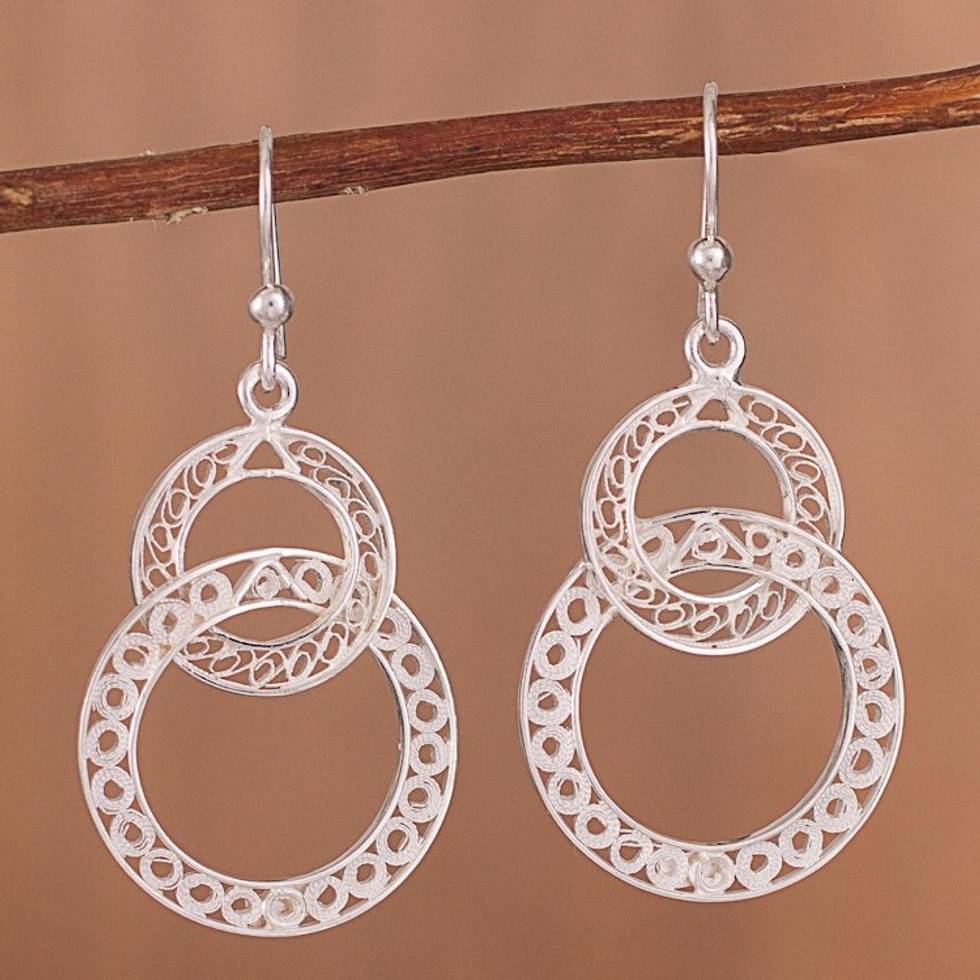Gleaming Sterling Silver Filigree Circles Dangle Earrings 'Gleaming Loops'