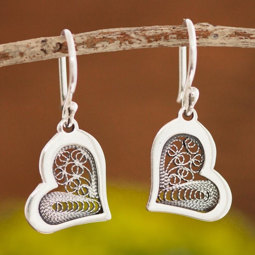 Heart Motif with Filigree Sterling Silver Dangle Earrings 'Fancy Hearts'