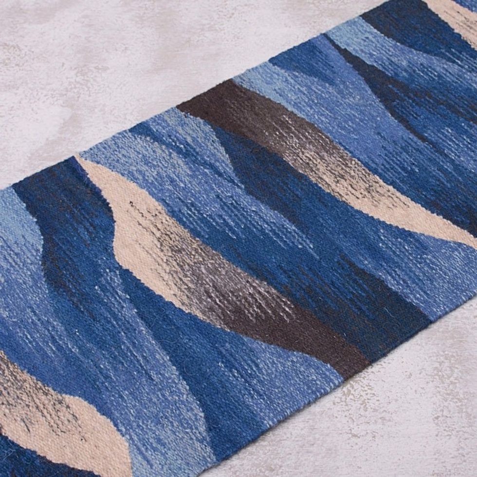 Hand Woven Blue Rectangular Wool Table Runner 'Waves in Motion'