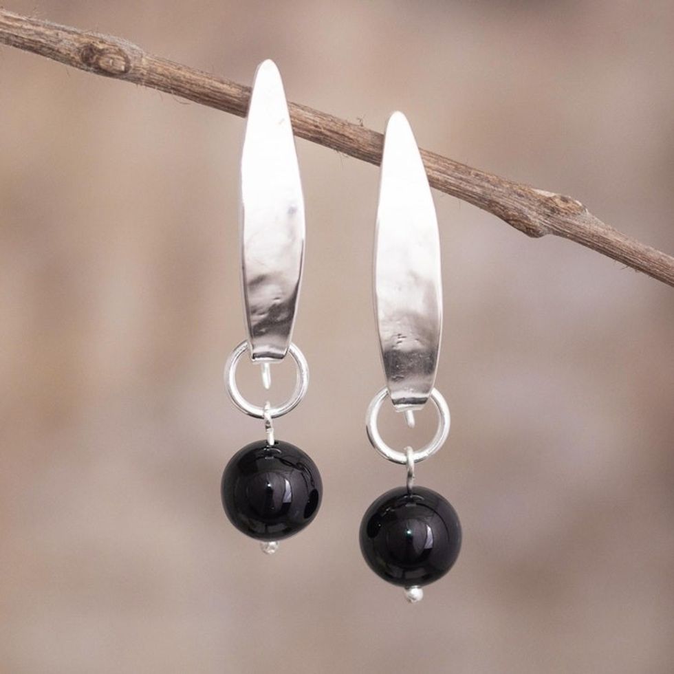 Black Onyx Earrings from Peru 'Natural Leaves'