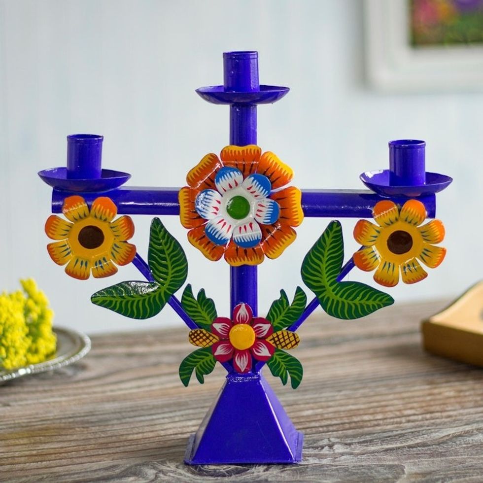 Floral Recycled Metal Candelabra in Blue from Peru 'Margarita Temple in Blue'