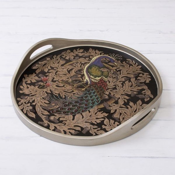 Alternate image for Reverse-Painted Glass Peacock Tray in Silver from Peru Mystic Peacock in Silver