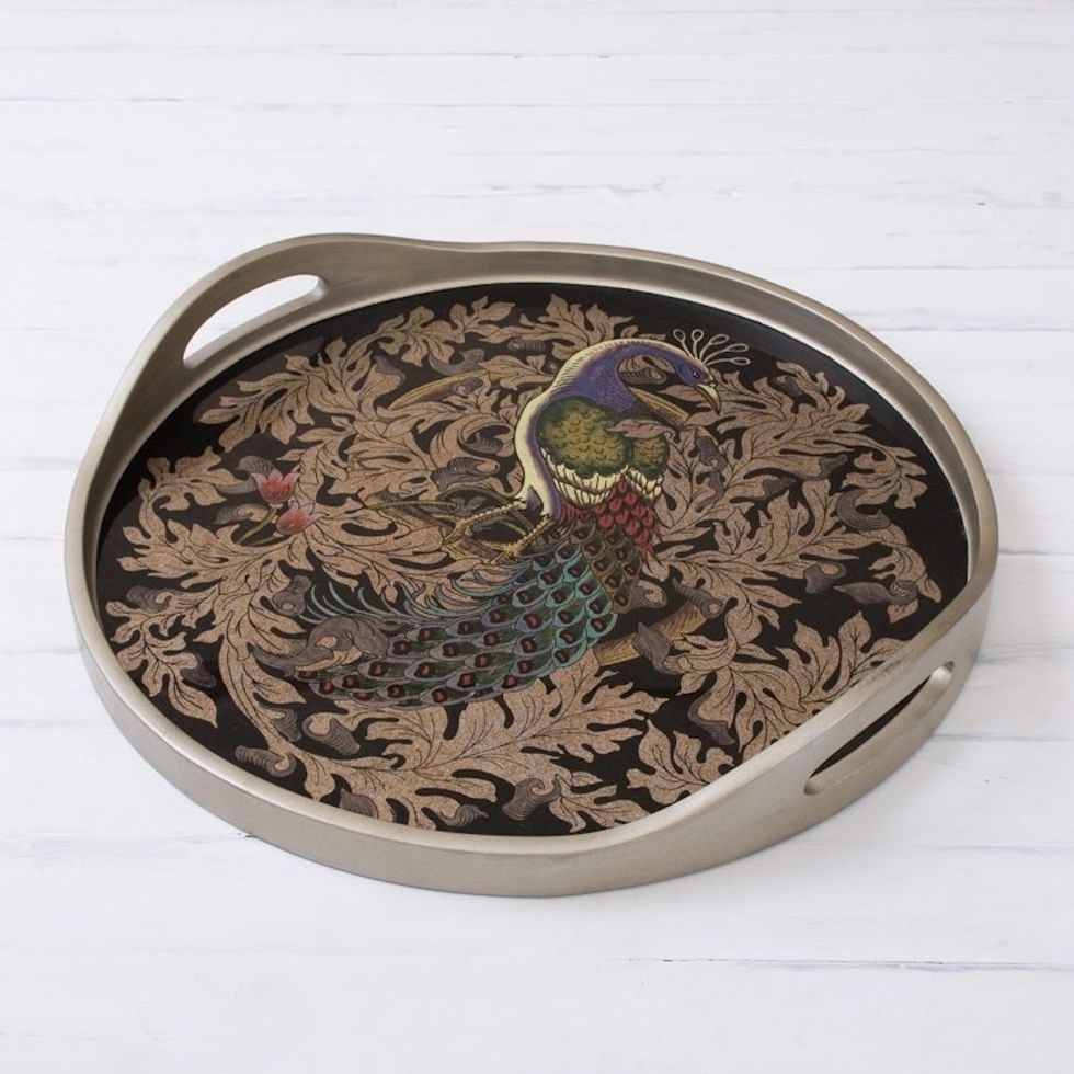 Reverse-Painted Glass Peacock Tray in Silver from Peru 'Mystic Peacock in Silver'