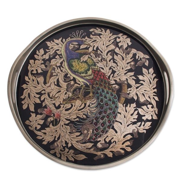 Alternate image for Reverse-Painted Glass Peacock Tray in Silver from Peru Mystic Peacock in Silver