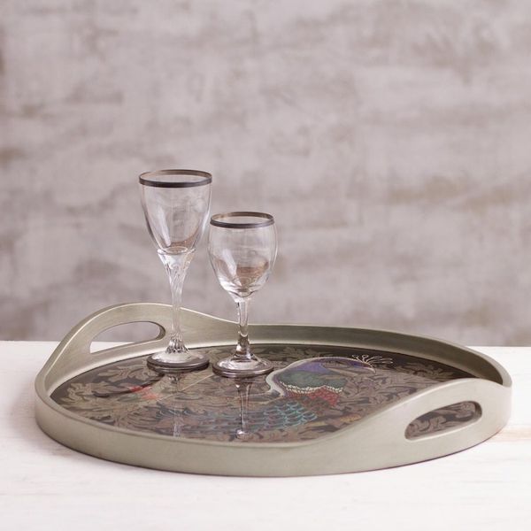 Alternate image for Reverse-Painted Glass Peacock Tray in Silver from Peru Mystic Peacock in Silver